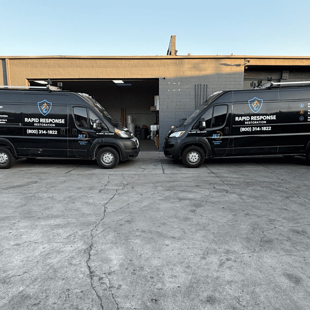 Rapid Response Restoration emergency vans, wrapped in the shield logo and (800) 314-1822