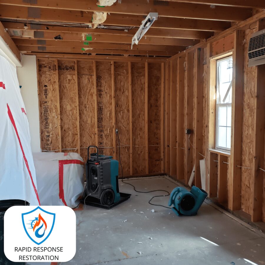 Rapid Response Restoration crew equipment drying a stripped room